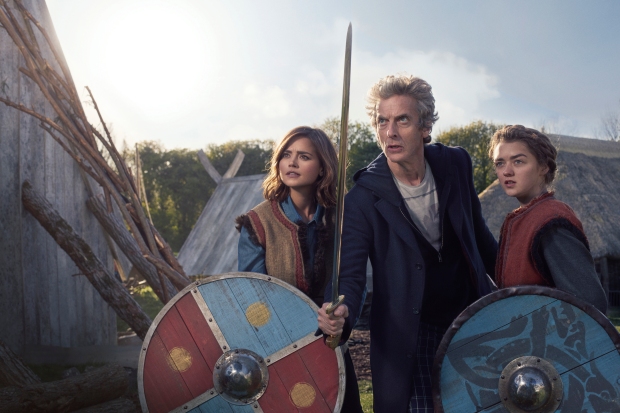 Picture shows: Jenna Coleman as Clara, Peter Capaldi as the Doctor and Maisie Williams as Ashildr